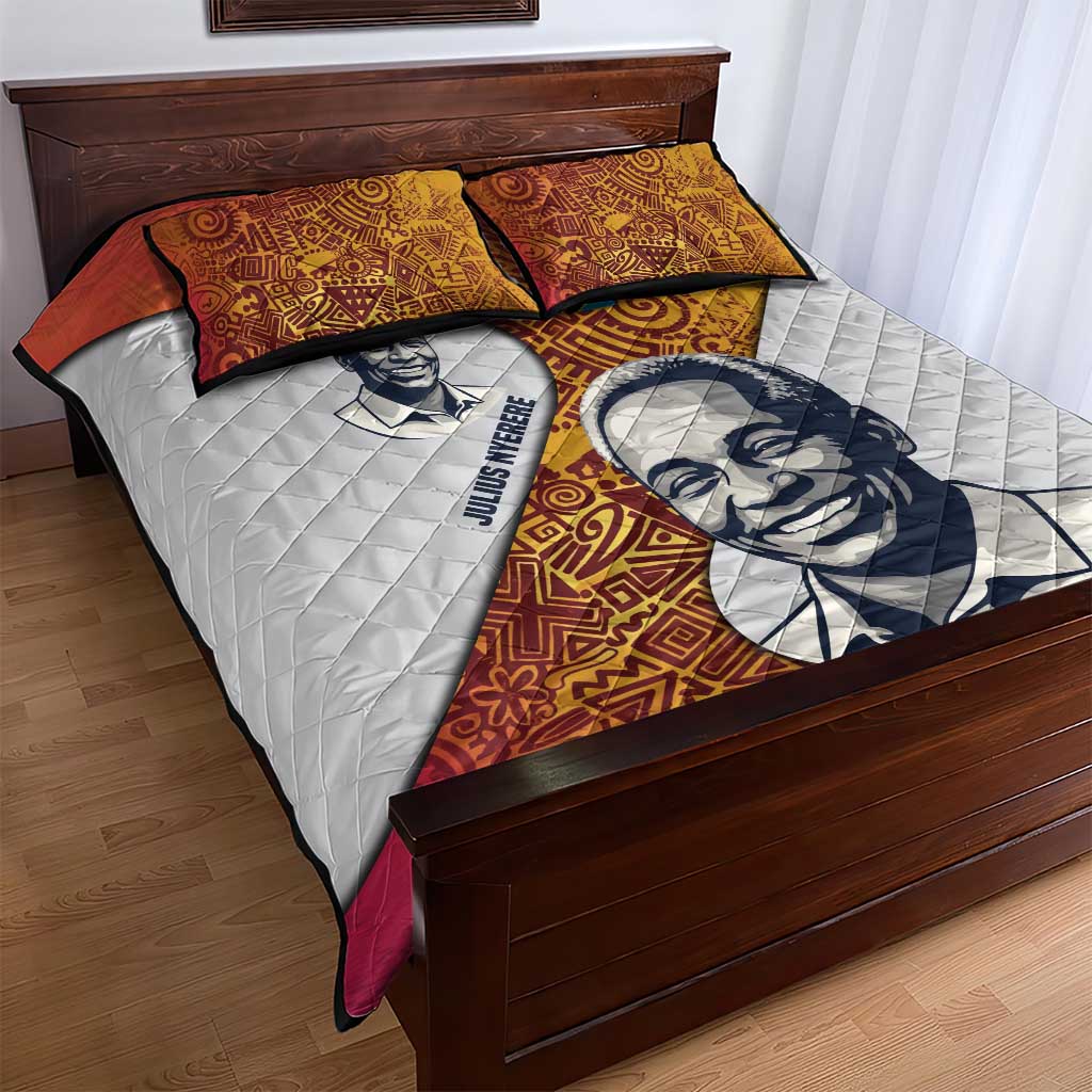 Julius Nyerere Quilt Bed Set with Smiling Portrait, Tribal Pattern and Simplicity is Power Quote - Wonder Print Shop