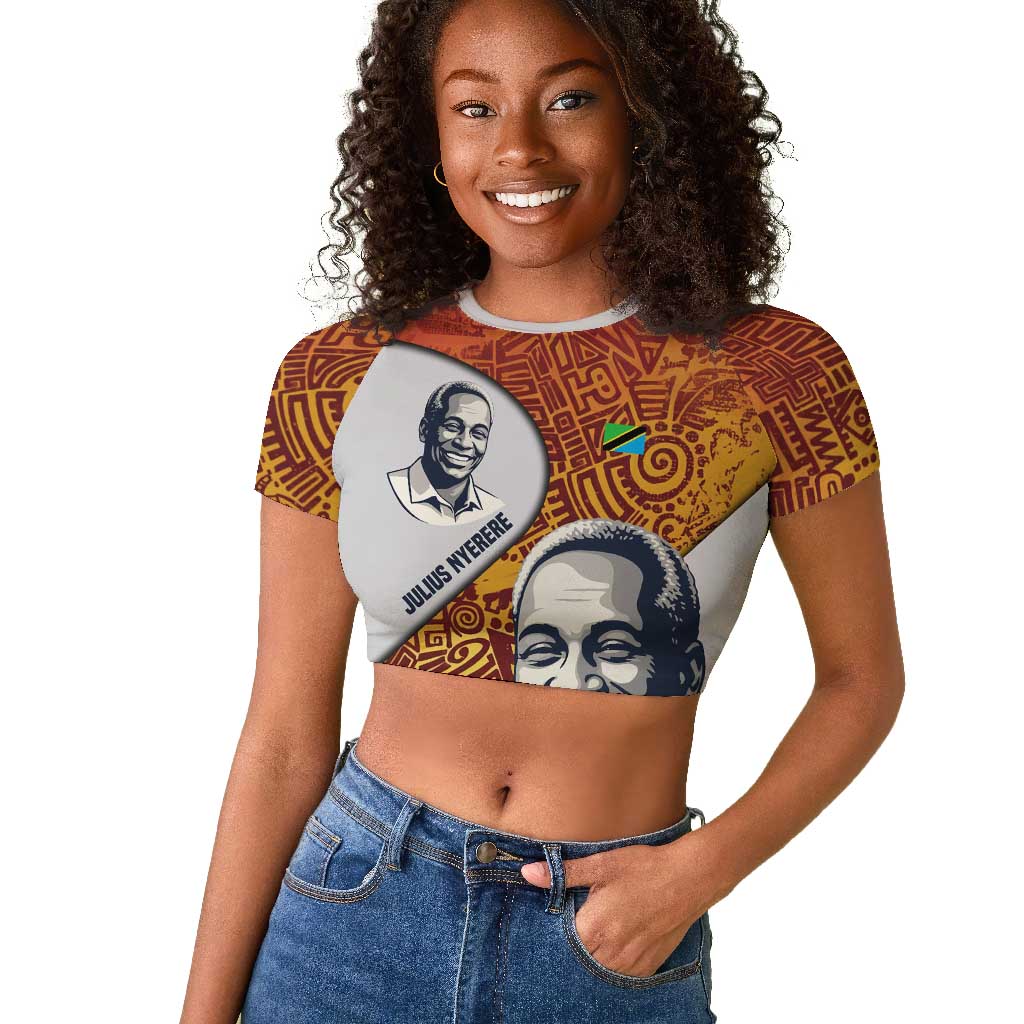 Julius Nyerere Raglan Cropped T shirt with Smiling Portrait, Tribal Pattern and Simplicity is Power Quote - Wonder Print Shop