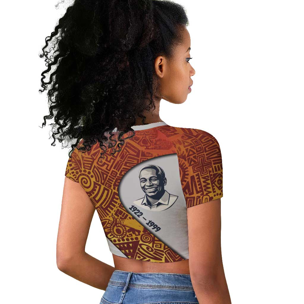 Julius Nyerere Raglan Cropped T shirt with Smiling Portrait, Tribal Pattern and Simplicity is Power Quote - Wonder Print Shop