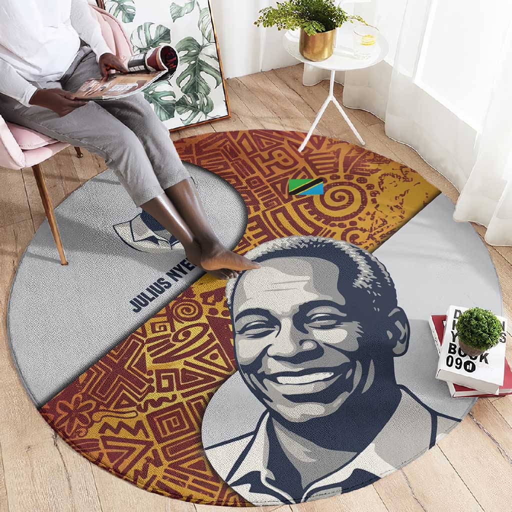 Julius Nyerere Round Carpet with Smiling Portrait, Tribal Pattern and Simplicity is Power Quote - Wonder Print Shop