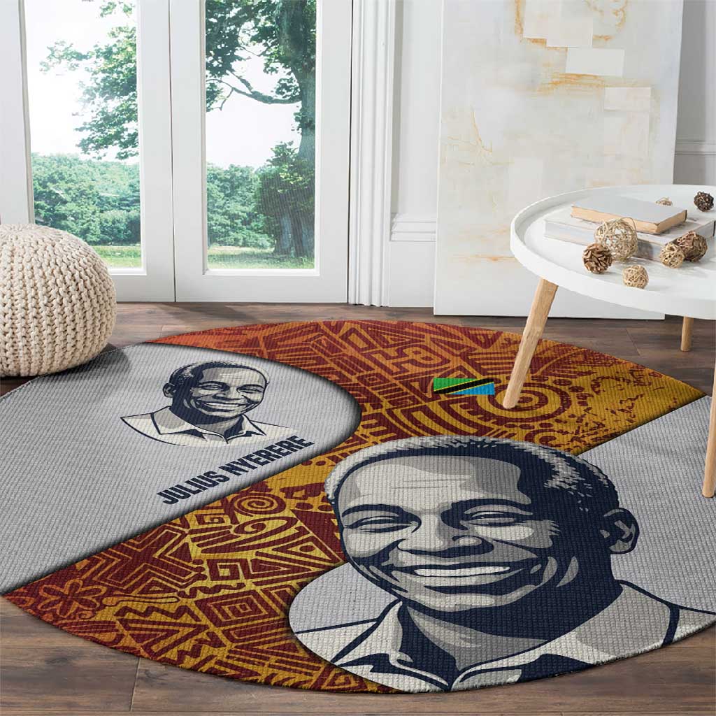 Julius Nyerere Round Carpet with Smiling Portrait, Tribal Pattern and Simplicity is Power Quote - Wonder Print Shop