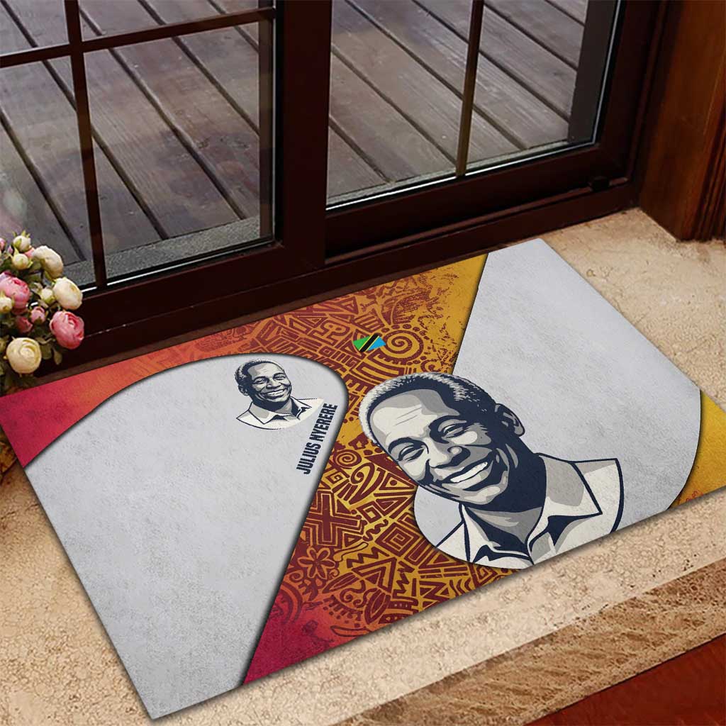 Julius Nyerere Rubber Doormat with Smiling Portrait, Tribal Pattern and Simplicity is Power Quote - Wonder Print Shop