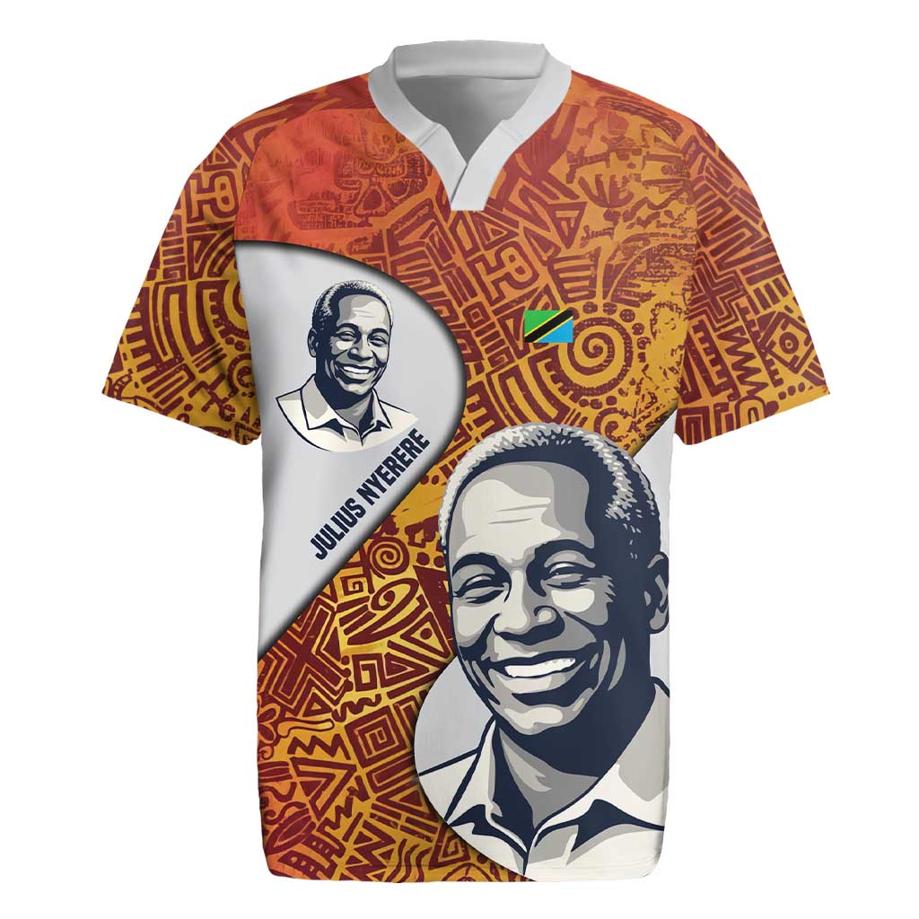 Julius Nyerere Rugby Jersey with Smiling Portrait, Tribal Pattern and Simplicity is Power Quote - Wonder Print Shop