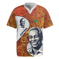 Julius Nyerere Rugby Jersey with Smiling Portrait, Tribal Pattern and Simplicity is Power Quote - Wonder Print Shop