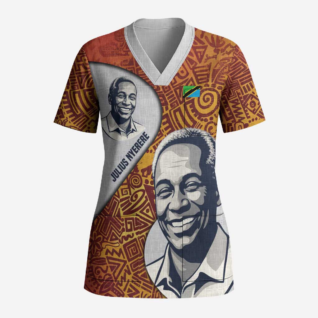 Julius Nyerere Scrub Top with Smiling Portrait, Tribal Pattern and Simplicity is Power Quote - Wonder Print Shop