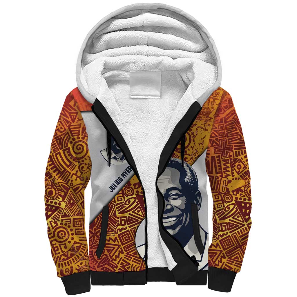 Julius Nyerere Sherpa Hoodie with Smiling Portrait, Tribal Pattern and Simplicity is Power Quote - Wonder Print Shop