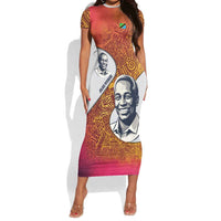 Julius Nyerere Short Sleeve Bodycon Dress with Smiling Portrait, Tribal Pattern and Simplicity is Power Quote - Wonder Print Shop