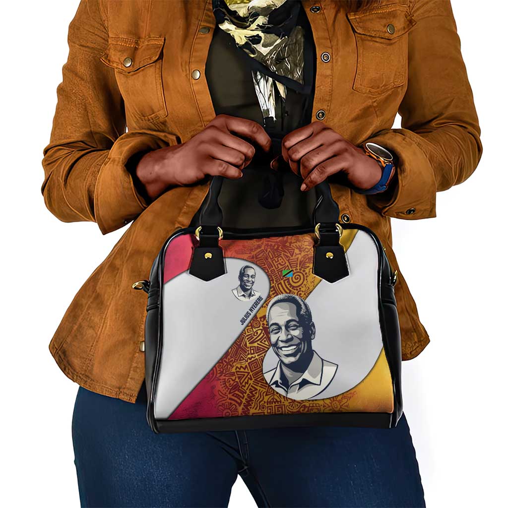 Julius Nyerere Shoulder Handbag with Smiling Portrait, Tribal Pattern and Simplicity is Power Quote - Wonder Print Shop