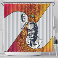 Julius Nyerere Shower Curtain with Smiling Portrait, Tribal Pattern and Simplicity is Power Quote - Wonder Print Shop