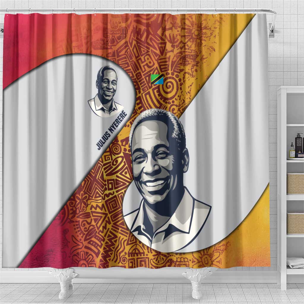 Julius Nyerere Shower Curtain with Smiling Portrait, Tribal Pattern and Simplicity is Power Quote - Wonder Print Shop