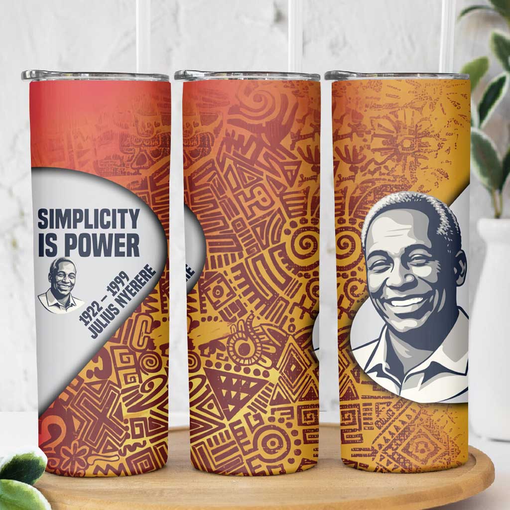 Julius Nyerere Skinny Tumbler with Smiling Portrait, Tribal Pattern and Simplicity is Power Quote - Wonder Print Shop