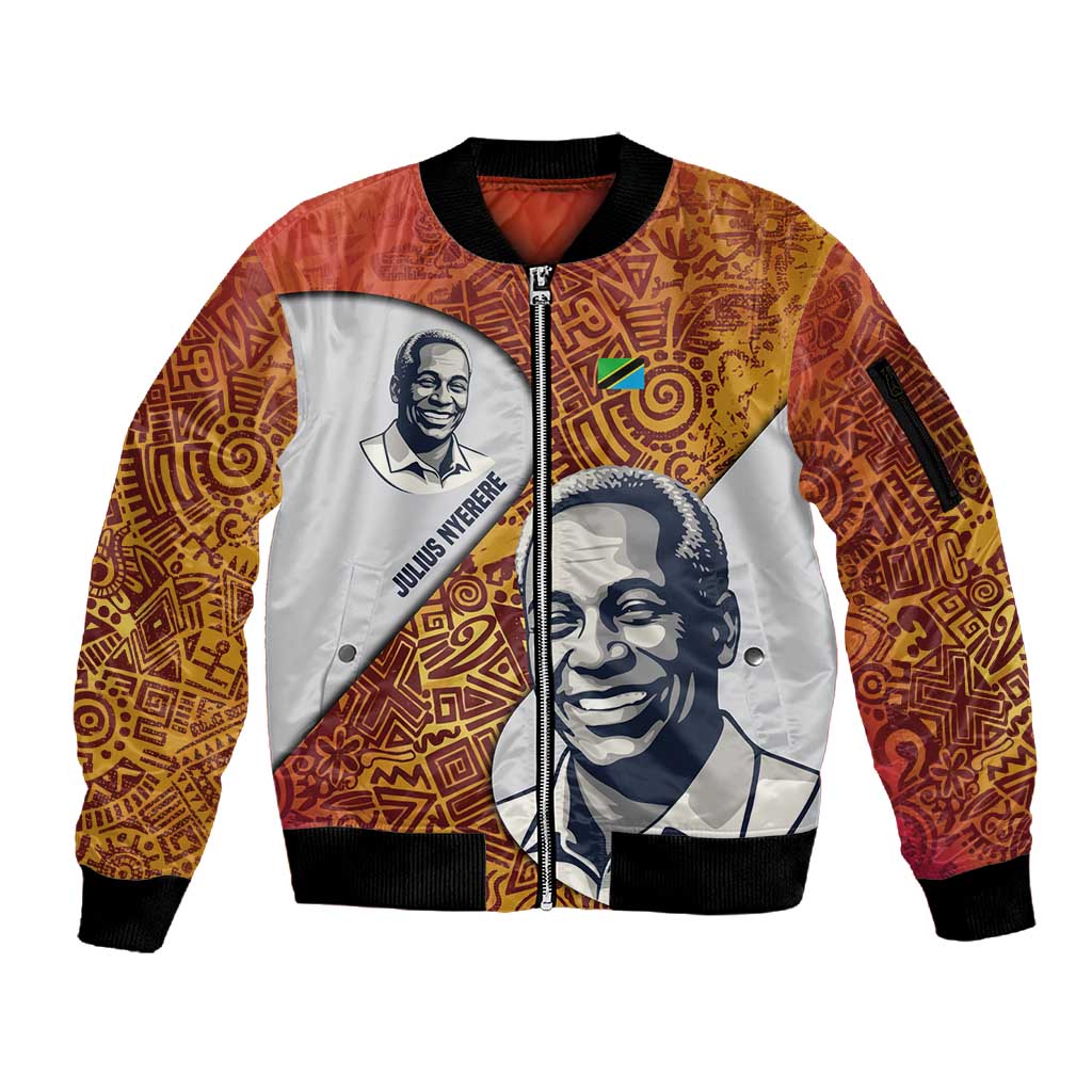 Julius Nyerere Sleeve Zip Bomber Jacket with Smiling Portrait, Tribal Pattern and Simplicity is Power Quote - Wonder Print Shop