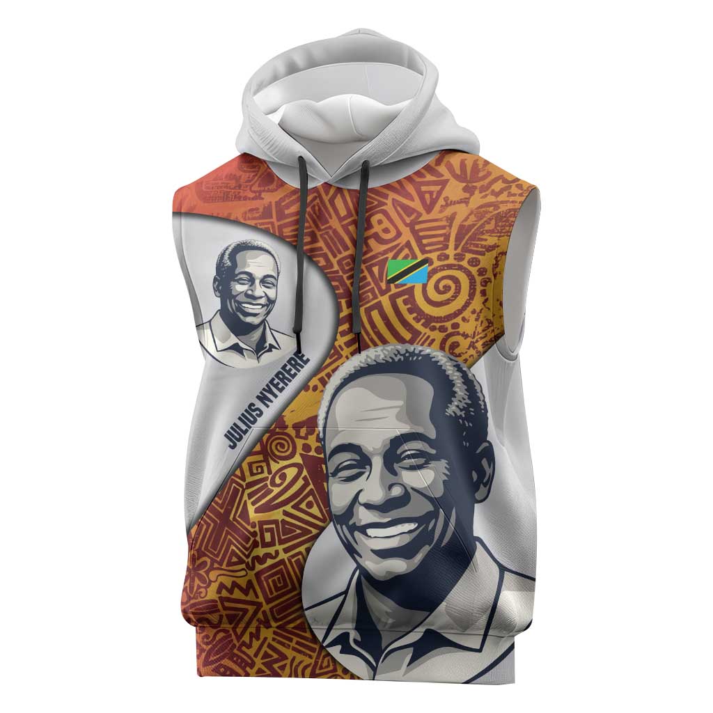 Julius Nyerere Sleeveless Hoodie with Smiling Portrait, Tribal Pattern and Simplicity is Power Quote - Wonder Print Shop