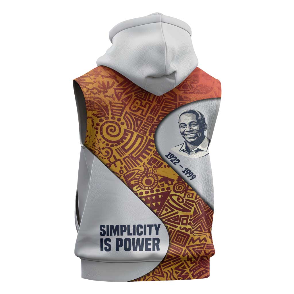 Julius Nyerere Sleeveless Hoodie with Smiling Portrait, Tribal Pattern and Simplicity is Power Quote - Wonder Print Shop