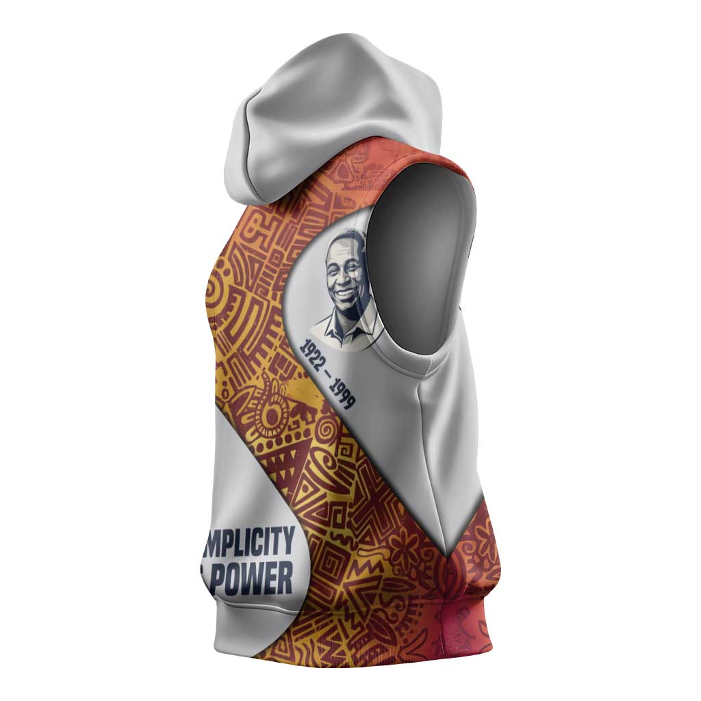 Julius Nyerere Sleeveless Hoodie with Smiling Portrait, Tribal Pattern and Simplicity is Power Quote - Wonder Print Shop