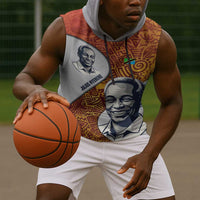 Julius Nyerere Sleeveless Hoodie with Smiling Portrait, Tribal Pattern and Simplicity is Power Quote - Wonder Print Shop