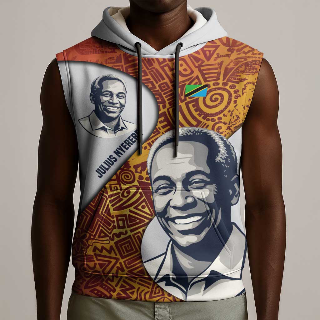 Julius Nyerere Sleeveless Hoodie with Smiling Portrait, Tribal Pattern and Simplicity is Power Quote - Wonder Print Shop