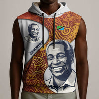 Julius Nyerere Sleeveless Hoodie with Smiling Portrait, Tribal Pattern and Simplicity is Power Quote - Wonder Print Shop