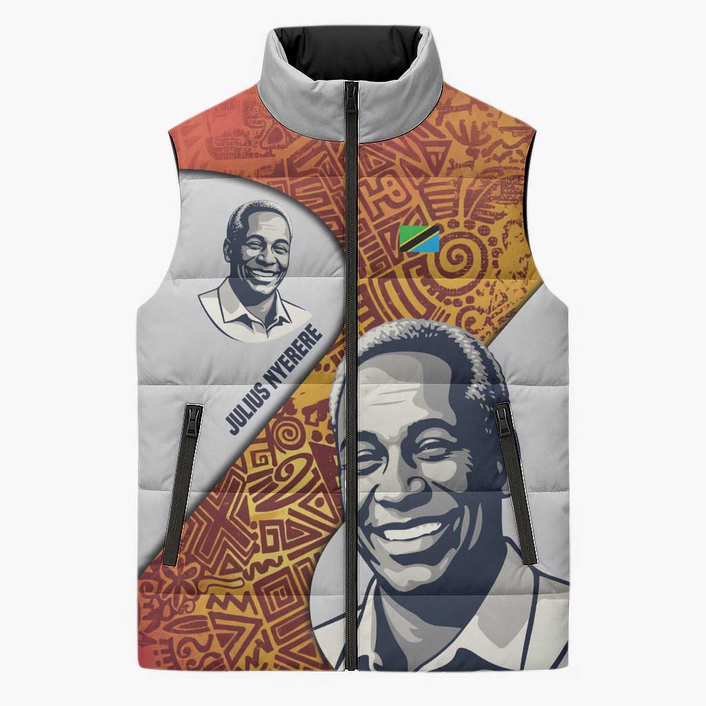 Julius Nyerere Sleeveless Puffer Jacket with Smiling Portrait, Tribal Pattern and Simplicity is Power Quote - Wonder Print Shop