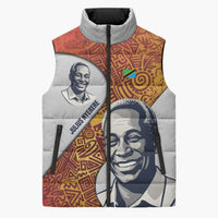 Julius Nyerere Sleeveless Puffer Jacket with Smiling Portrait, Tribal Pattern and Simplicity is Power Quote - Wonder Print Shop