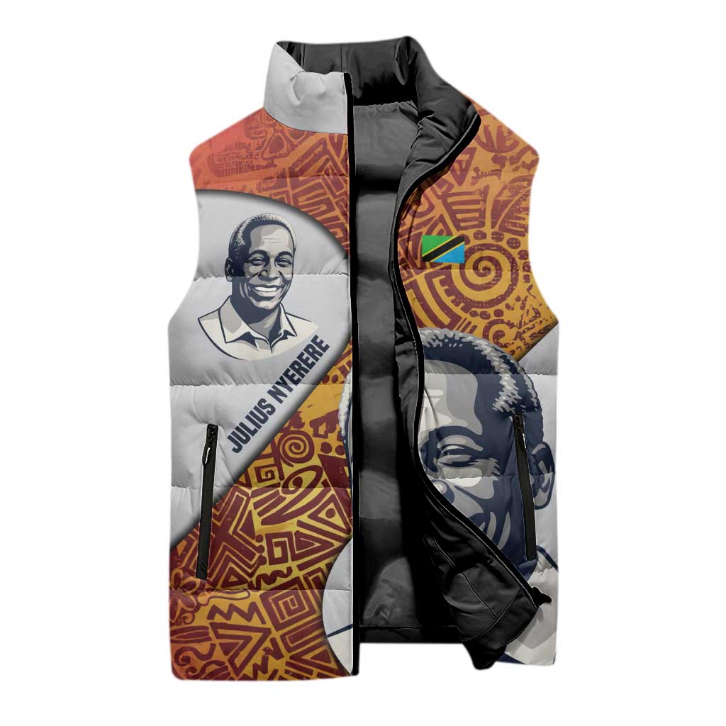 Julius Nyerere Sleeveless Puffer Jacket with Smiling Portrait, Tribal Pattern and Simplicity is Power Quote - Wonder Print Shop