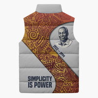 Julius Nyerere Sleeveless Puffer Jacket with Smiling Portrait, Tribal Pattern and Simplicity is Power Quote - Wonder Print Shop