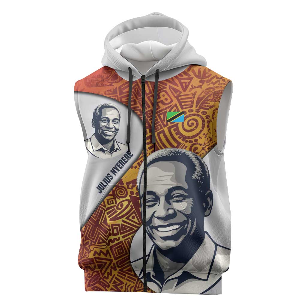 Julius Nyerere Sleeveless Zip Hoodie with Smiling Portrait, Tribal Pattern and Simplicity is Power Quote - Wonder Print Shop