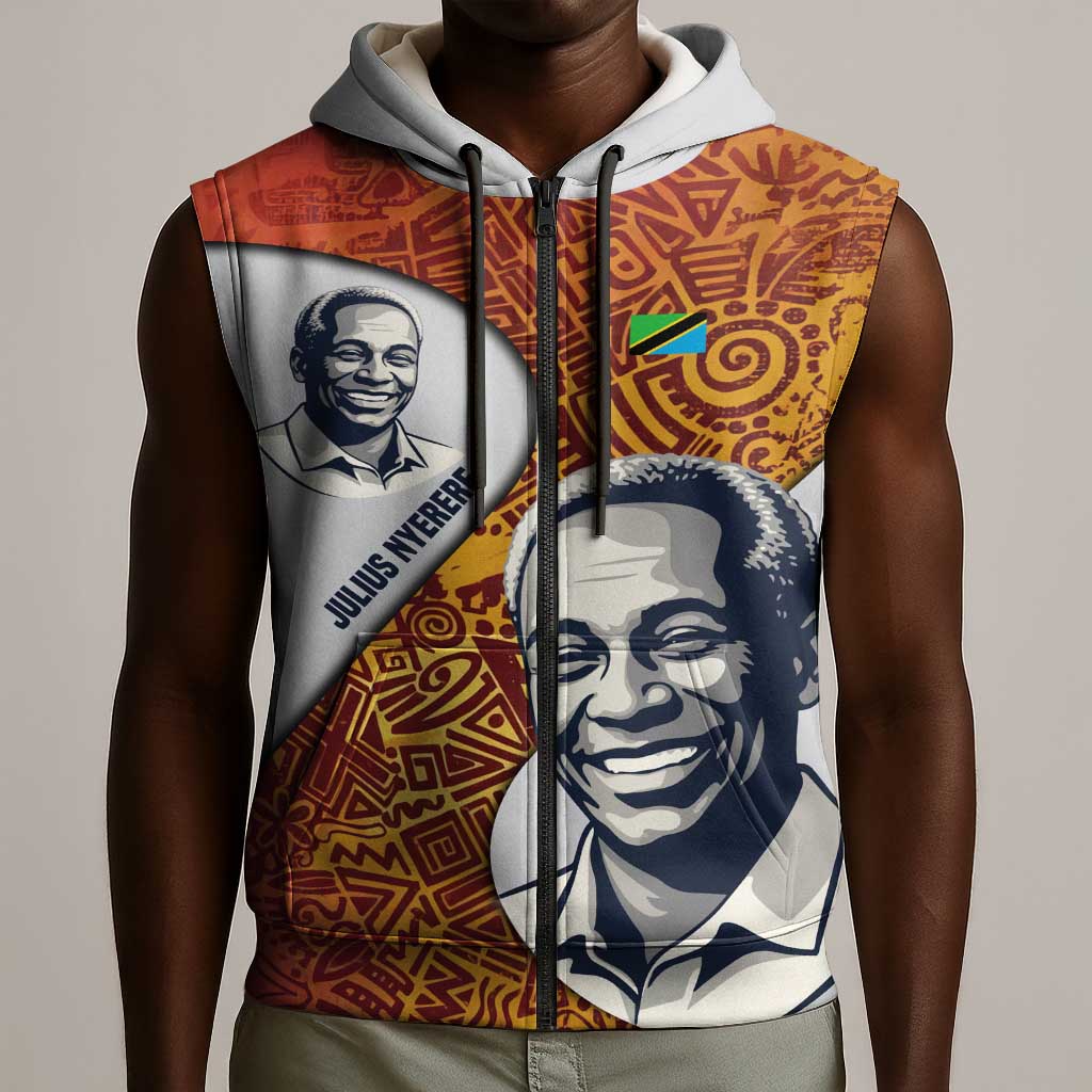 Julius Nyerere Sleeveless Zip Hoodie with Smiling Portrait, Tribal Pattern and Simplicity is Power Quote - Wonder Print Shop