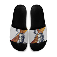 Julius Nyerere Slide Sandals with Smiling Portrait, Tribal Pattern and Simplicity is Power Quote - Wonder Print Shop