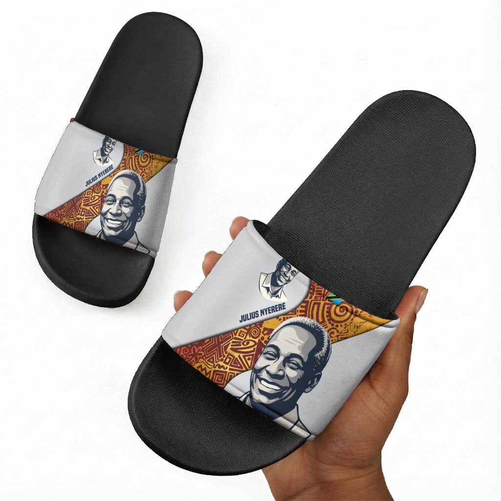 Julius Nyerere Slide Sandals with Smiling Portrait, Tribal Pattern and Simplicity is Power Quote - Wonder Print Shop