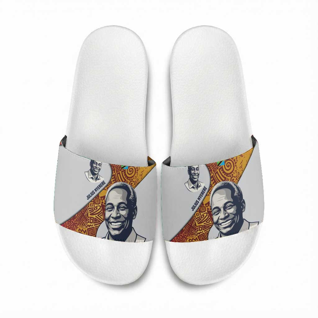 Julius Nyerere Slide Sandals with Smiling Portrait, Tribal Pattern and Simplicity is Power Quote - Wonder Print Shop
