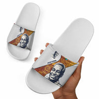 Julius Nyerere Slide Sandals with Smiling Portrait, Tribal Pattern and Simplicity is Power Quote - Wonder Print Shop