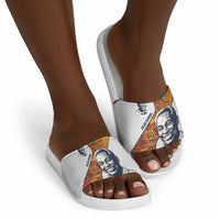 Julius Nyerere Slide Sandals with Smiling Portrait, Tribal Pattern and Simplicity is Power Quote - Wonder Print Shop