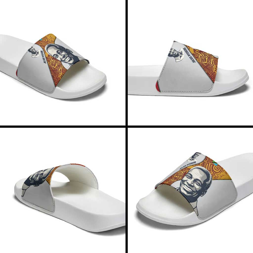 Julius Nyerere Slide Sandals with Smiling Portrait, Tribal Pattern and Simplicity is Power Quote - Wonder Print Shop