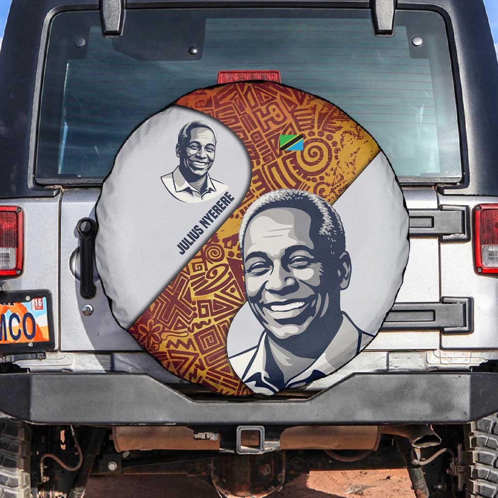 Julius Nyerere Spare Tire Cover with Smiling Portrait, Tribal Pattern and Simplicity is Power Quote - Wonder Print Shop