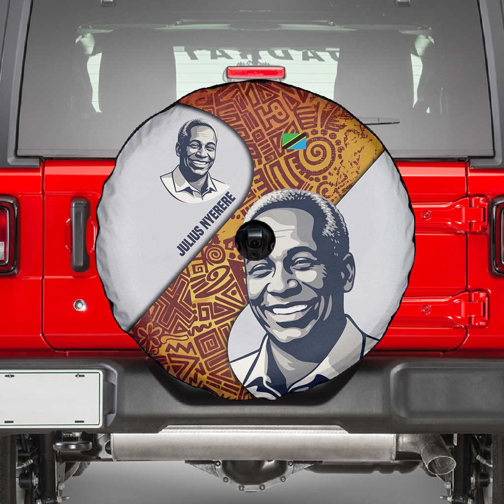 Julius Nyerere Spare Tire Cover with Smiling Portrait, Tribal Pattern and Simplicity is Power Quote - Wonder Print Shop