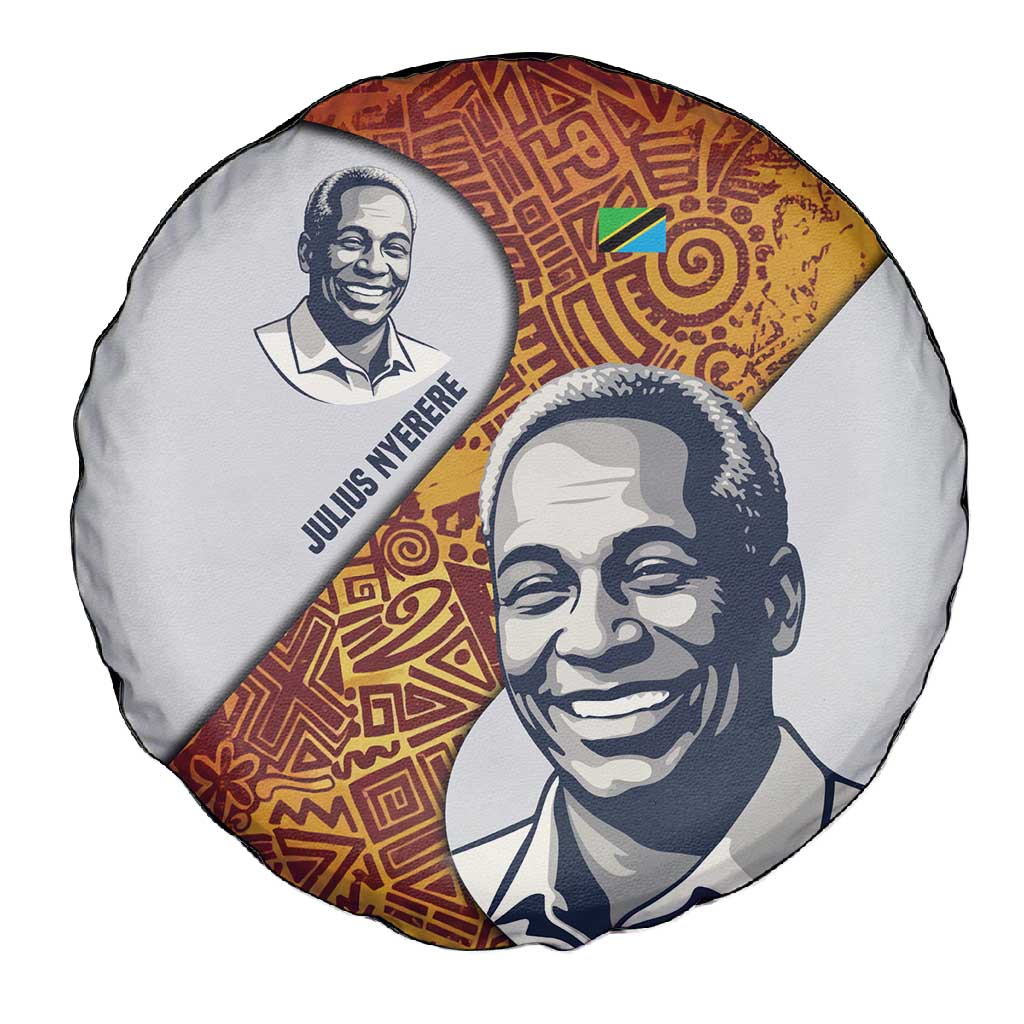 Julius Nyerere Spare Tire Cover with Smiling Portrait, Tribal Pattern and Simplicity is Power Quote - Wonder Print Shop