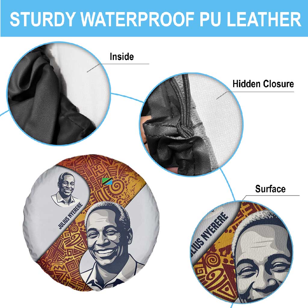 Julius Nyerere Spare Tire Cover with Smiling Portrait, Tribal Pattern and Simplicity is Power Quote - Wonder Print Shop