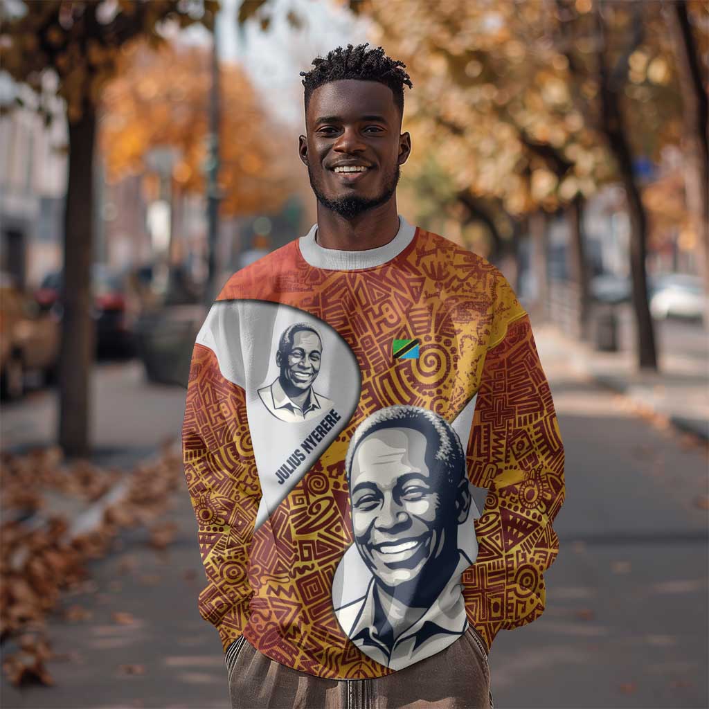 Julius Nyerere Sweatshirt with Smiling Portrait, Tribal Pattern and Simplicity is Power Quote - Wonder Print Shop
