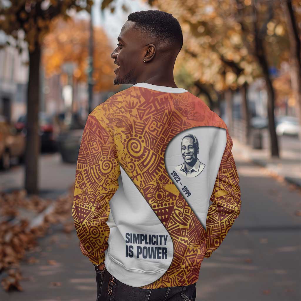 Julius Nyerere Sweatshirt with Smiling Portrait, Tribal Pattern and Simplicity is Power Quote - Wonder Print Shop