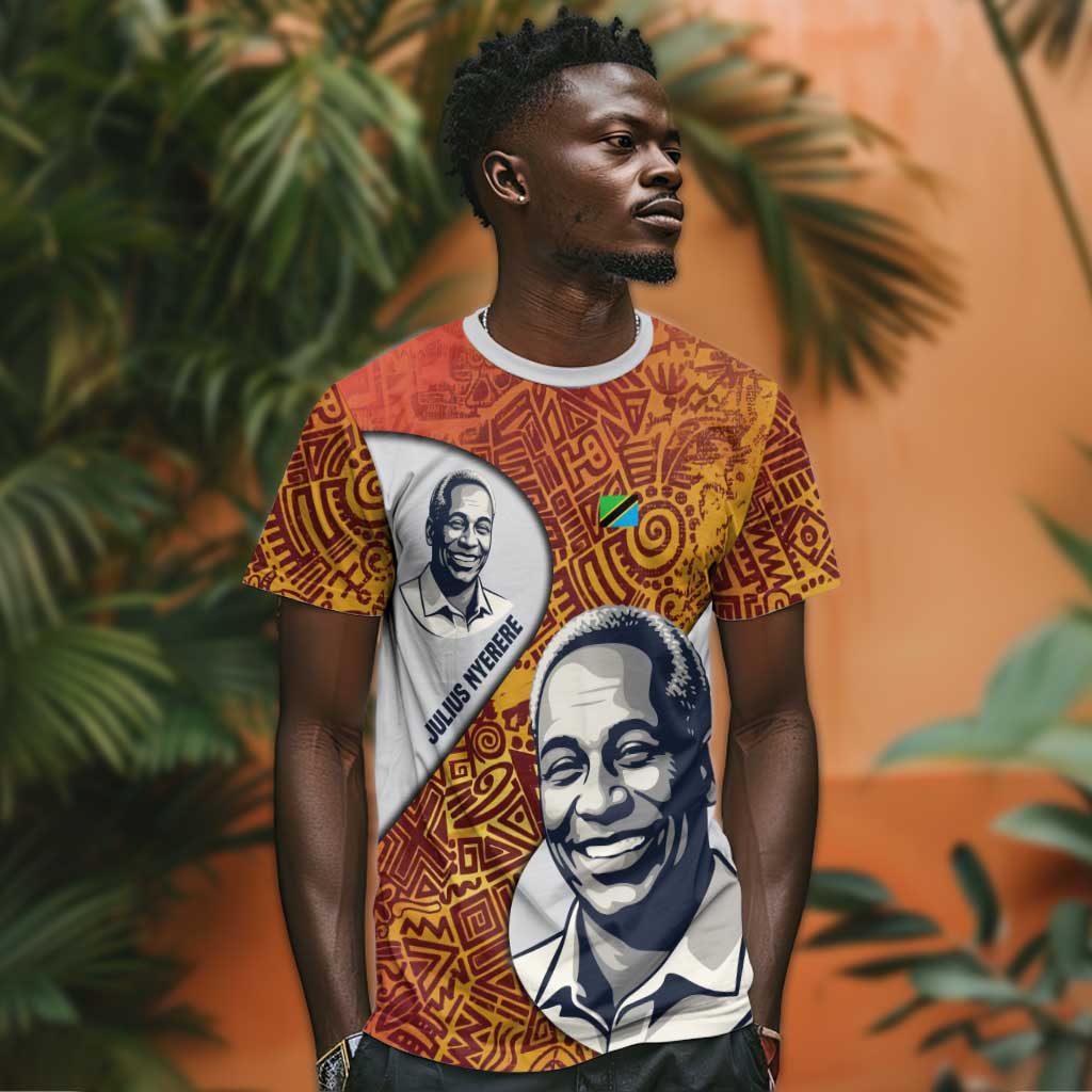 Julius Nyerere T shirt with Smiling Portrait, Tribal Pattern and Simplicity is Power Quote - Wonder Print Shop