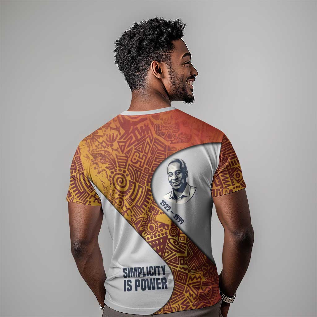Julius Nyerere T shirt with Smiling Portrait, Tribal Pattern and Simplicity is Power Quote - Wonder Print Shop