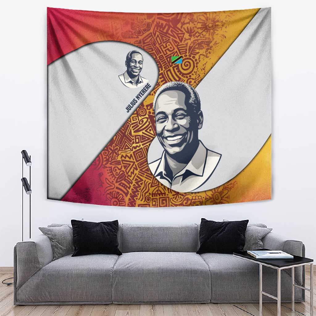 Julius Nyerere Tapestry with Smiling Portrait, Tribal Pattern and Simplicity is Power Quote - Wonder Print Shop