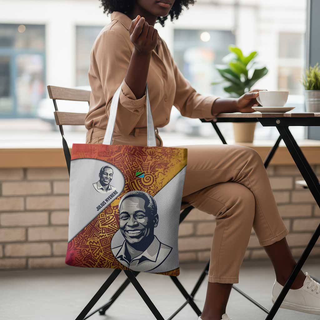 Julius Nyerere Tote Bag with Smiling Portrait, Tribal Pattern and Simplicity is Power Quote - Wonder Print Shop