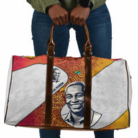 Julius Nyerere Travel Bag with Smiling Portrait, Tribal Pattern and Simplicity is Power Quote - Wonder Print Shop