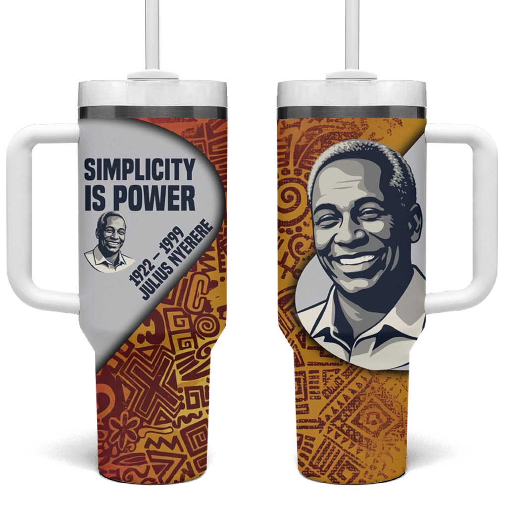 Julius Nyerere Tumbler With Handle with Smiling Portrait, Tribal Pattern and Simplicity is Power Quote - Wonder Print Shop