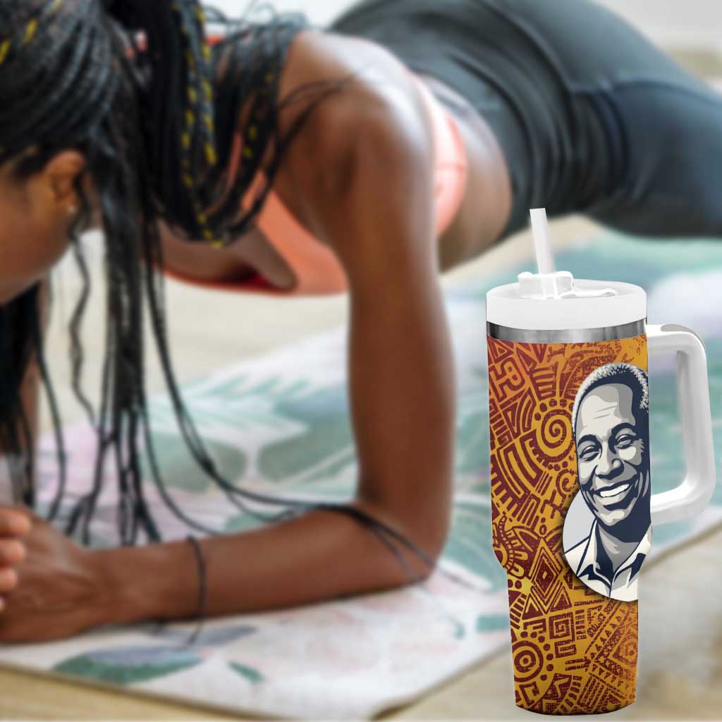 Julius Nyerere Tumbler With Handle with Smiling Portrait, Tribal Pattern and Simplicity is Power Quote - Wonder Print Shop