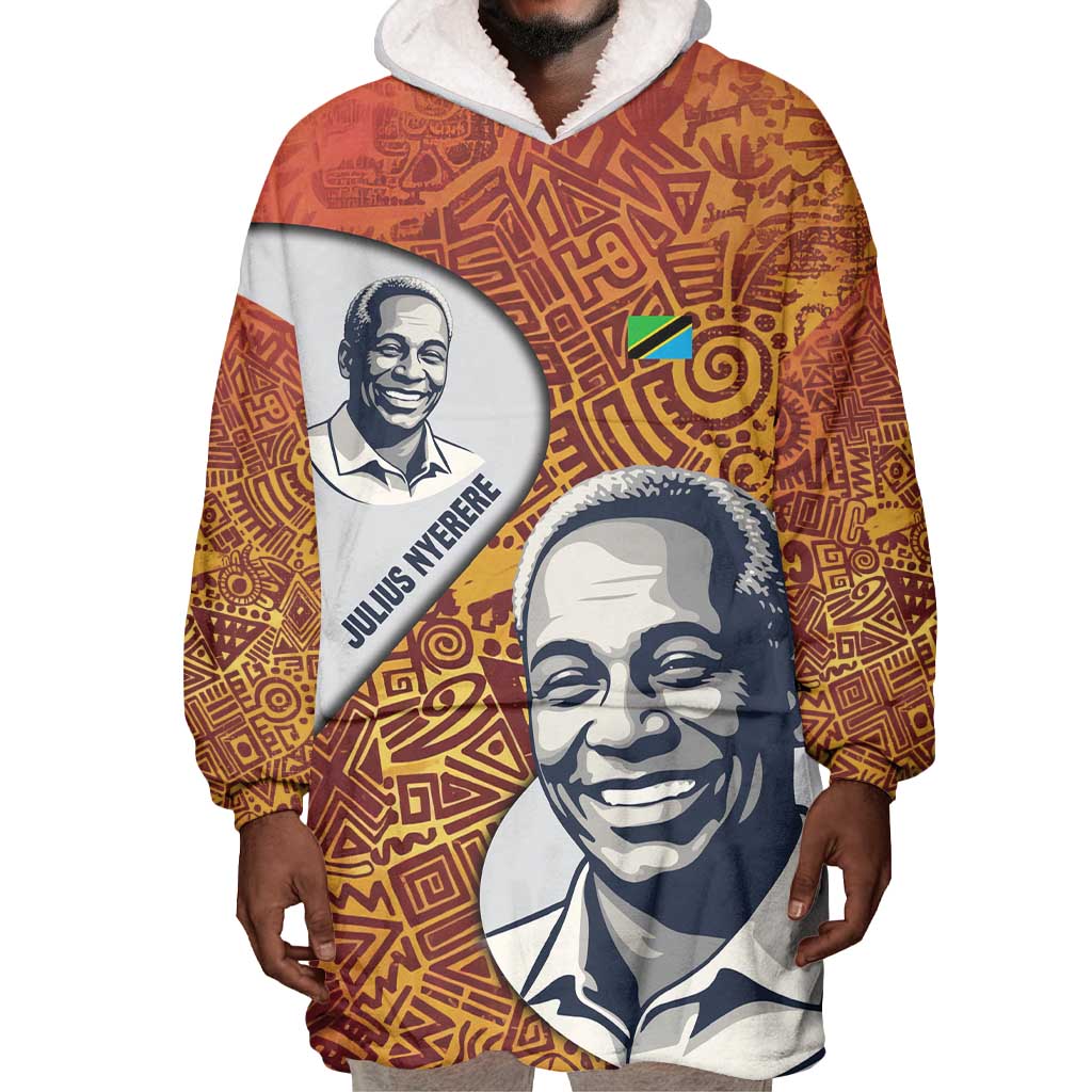 Julius Nyerere Wearable Blanket Hoodie with Smiling Portrait, Tribal Pattern and Simplicity is Power Quote - Wonder Print Shop