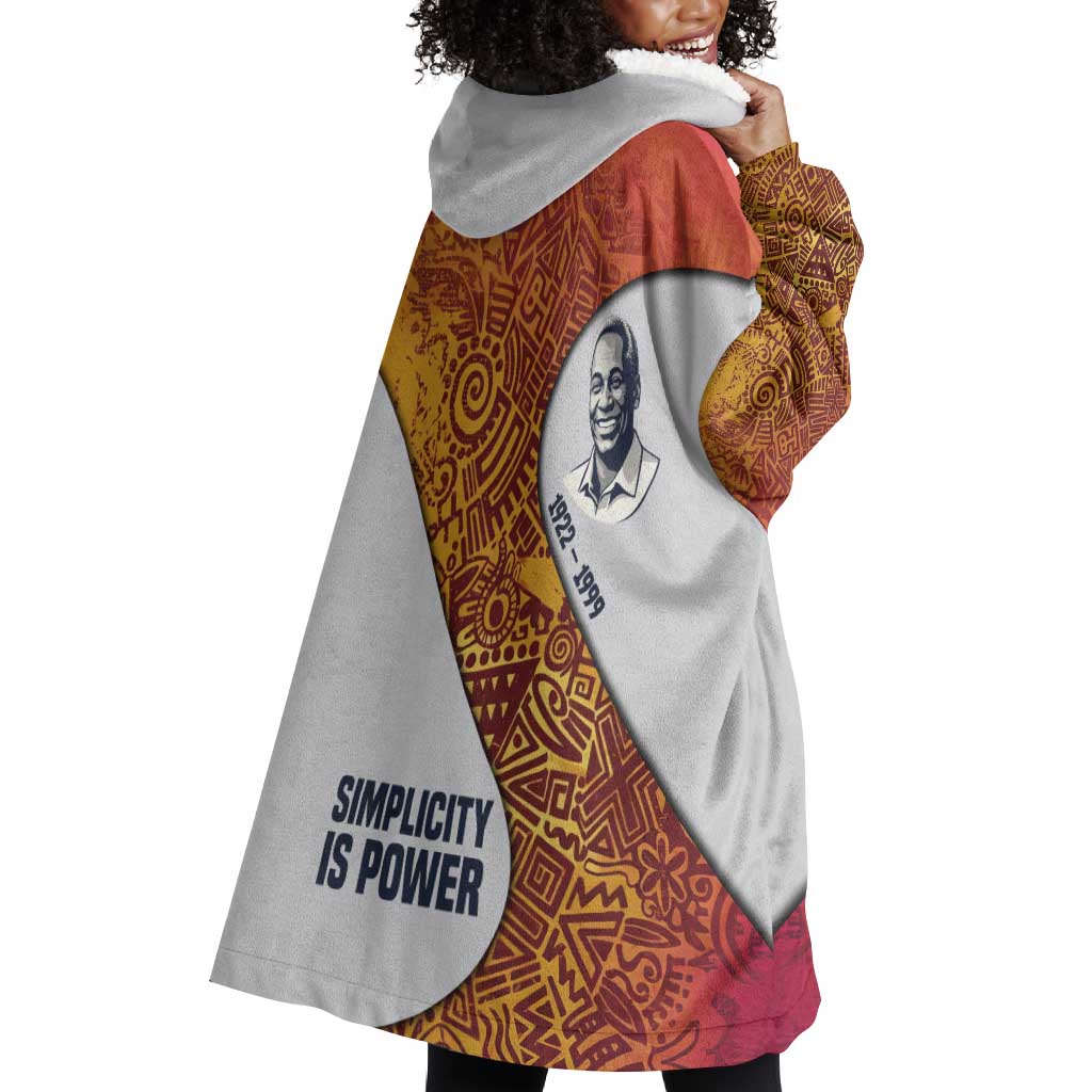 Julius Nyerere Wearable Blanket Hoodie with Smiling Portrait, Tribal Pattern and Simplicity is Power Quote - Wonder Print Shop