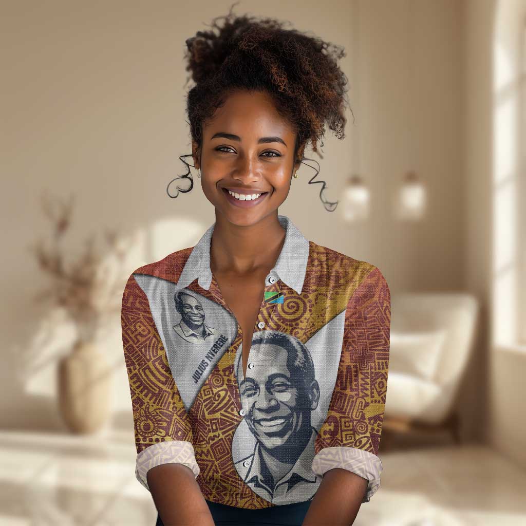 Julius Nyerere Women Casual Shirt with Smiling Portrait, Tribal Pattern and Simplicity is Power Quote - Wonder Print Shop